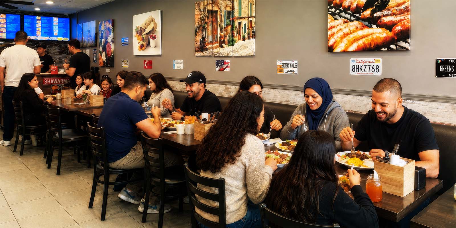 Guests enjoying Mediterranean food at Greens N Grills in Union City